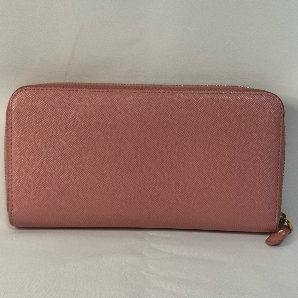 Prada Saffiano Zip Around Wallet Pink Gold Logo Continental - Picture 13 of 15